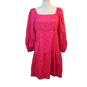 Pink Fit and Flare Dress by Beyond Words w/ Bishop Sleeves eyelet Wedding Guest